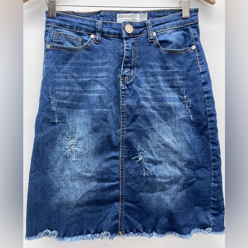 Celebrity Ace Dark Blue Distressed Denim Pencil‎ Skirt